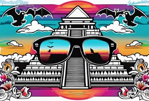 Colorful Mayan hieroglyph with sunglasses reflecting Chichen itza. Bats and waves tattoo idea