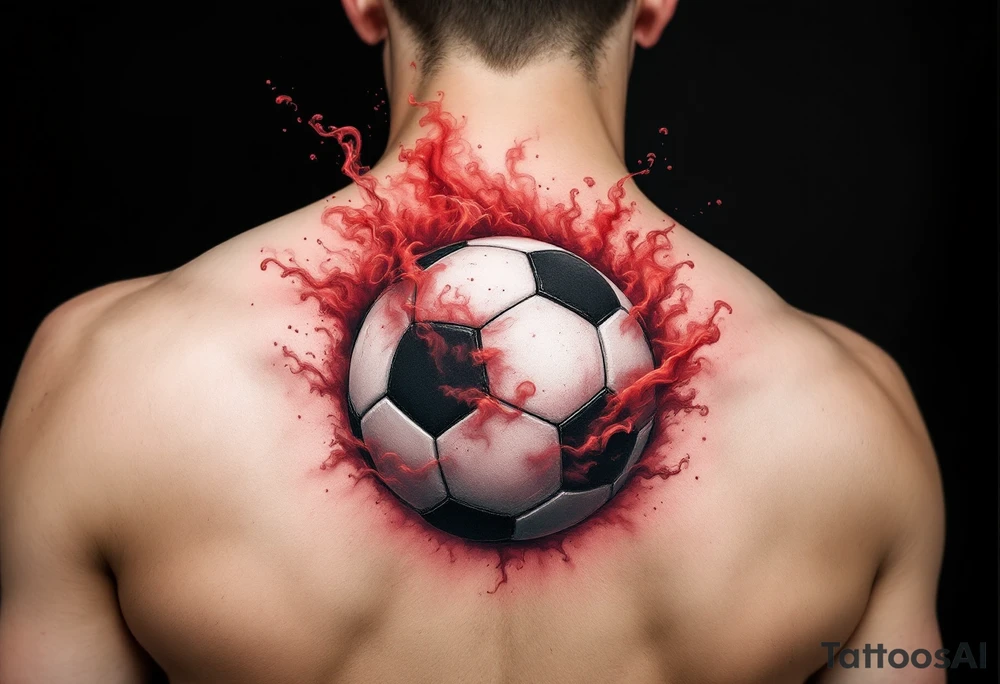 A realistic soccer ball emerging from a red and white smoke cloud shaped like the Slavia crest. tattoo idea
