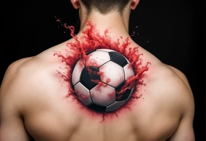 A realistic soccer ball emerging from a red and white smoke cloud shaped like the Slavia crest. tattoo idea