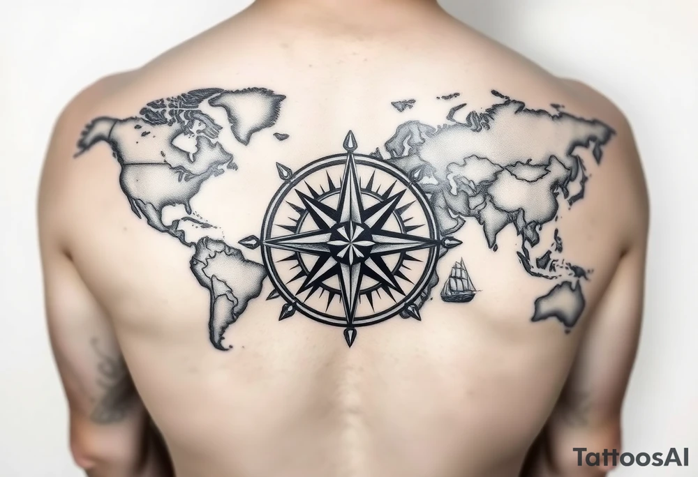 antique compass rose overlaid on weathered world map with sailing ships tattoo idea