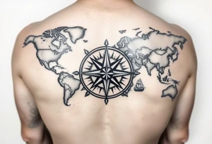 antique compass rose overlaid on weathered world map with sailing ships tattoo idea