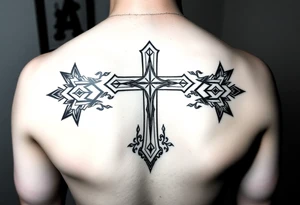 christian cross, surrounded by geometrics ornaments tattoo idea