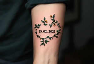 Luyky 15. 02. 2021 – Deep emerald green vine twisting around Lucas's birthdate, with small yellow blooms dotting the numbers. tattoo idea
