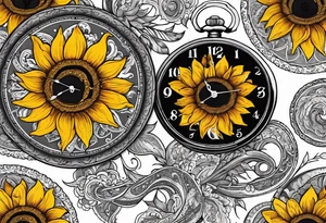 Sunflower, paisley, moon, 3 old fashioned pocket watches, witchy tattoo idea