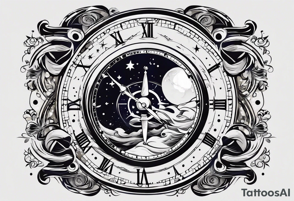 Mix an hourglass with a nautical clock with the addition of planets, galaxies to give a design to print on a t-shirt, the design should be in one color in the form of a tattoo and all the shapes should be mixed to give one shape tattoo for all arms. tattoo idea