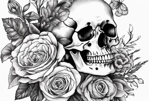Skeleton hand holding bouqet of flowers tattoo idea