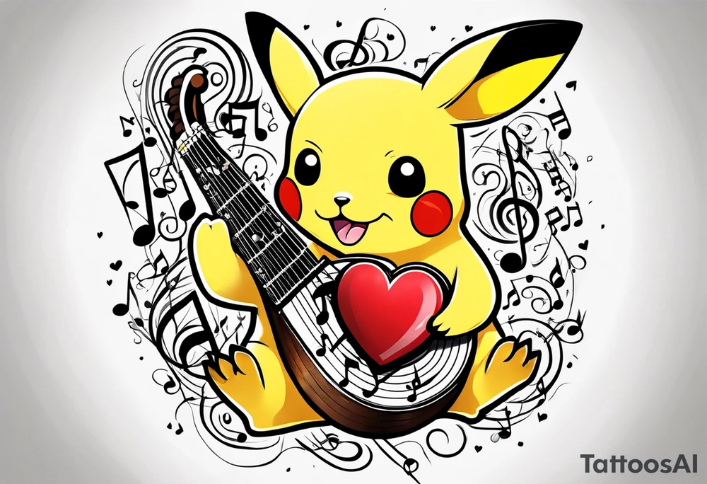 Pickachu squeezing a heart made from a trouble clef and music notes tattoo idea