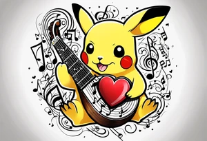 Pickachu squeezing a heart made from a trouble clef and music notes tattoo idea