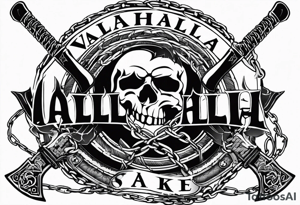 Valhalla sword round shield axe barbed wire chains dark cloud tattoo idea