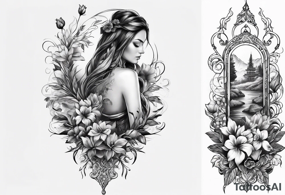 Spine tattoo with water and flowers and a country aspect tattoo idea