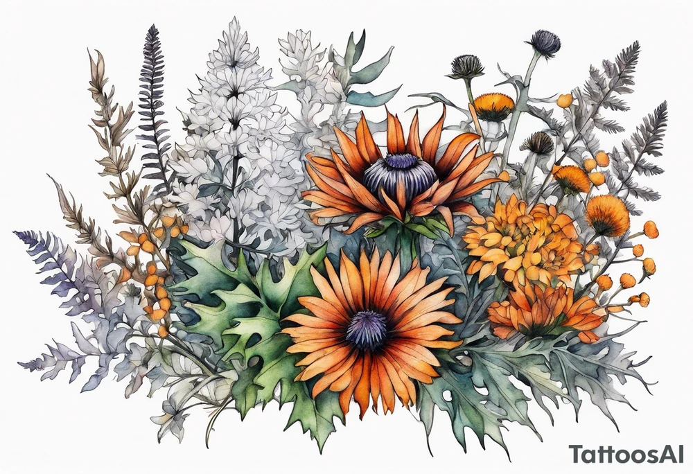 cascading mixed colored wildflowers with thistles, ferns, burnt orange flowers all in watercolor tattoo idea