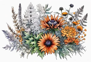 cascading mixed colored wildflowers with thistles, ferns, burnt orange flowers all in watercolor tattoo idea