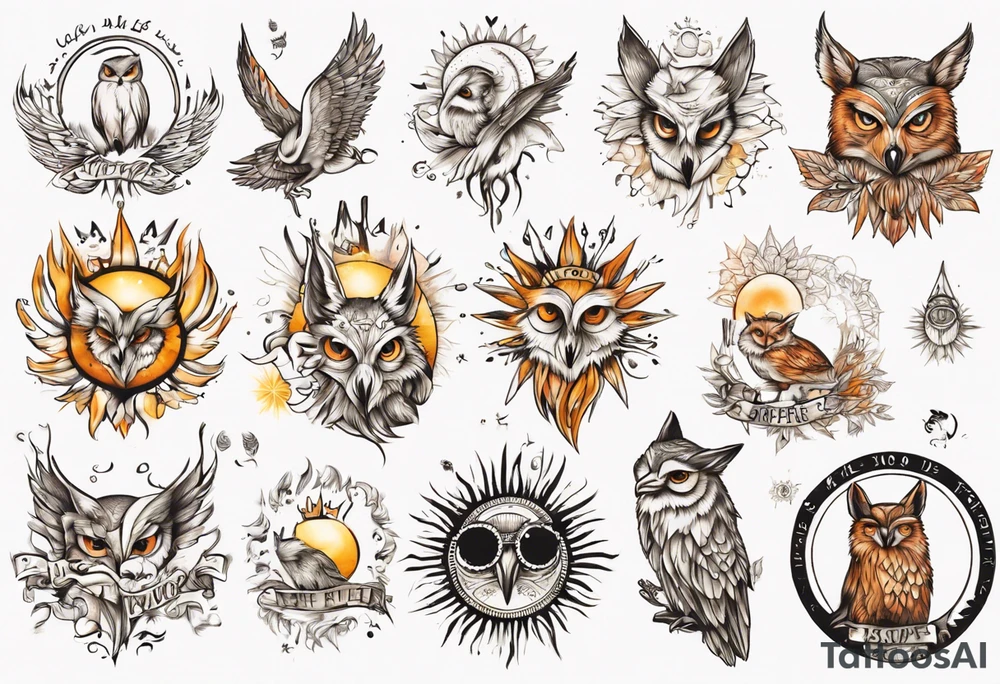 halb 
Fuchs halb Eule unter der Sonne mit dem Schriftzug Sapere Aude tattoo idea