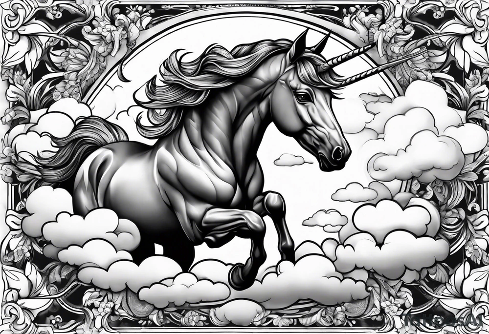 Whimsical unicorn in clouds tattoo idea