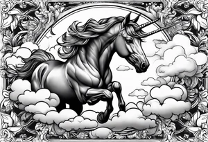 Whimsical unicorn in clouds tattoo idea