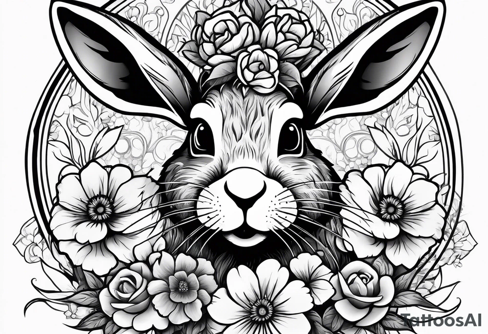 Rabbit head and flowers tattoo idea