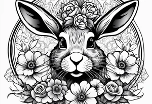 Rabbit head and flowers tattoo idea