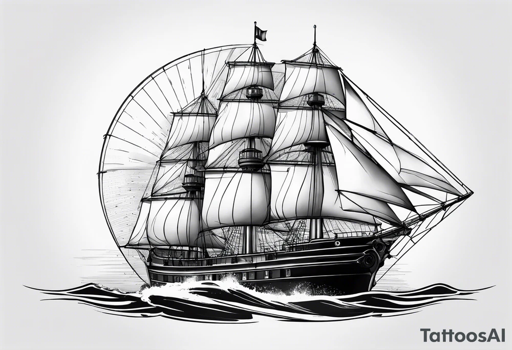 maritime lighthouse partially hidden by its  large fixed sails. tattoo idea