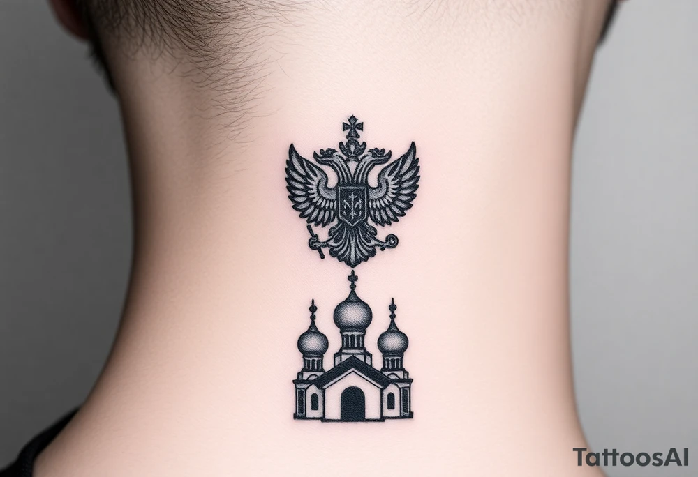 Stacked Vertical Column 

Russian star — small, bold
Middle: Miniature double-headed eagle — simplified, cleaner lines to suit the smaller space
Bottom: Orthodox church dome(s) with a small Virgin Mary silhouette beneath tattoo idea