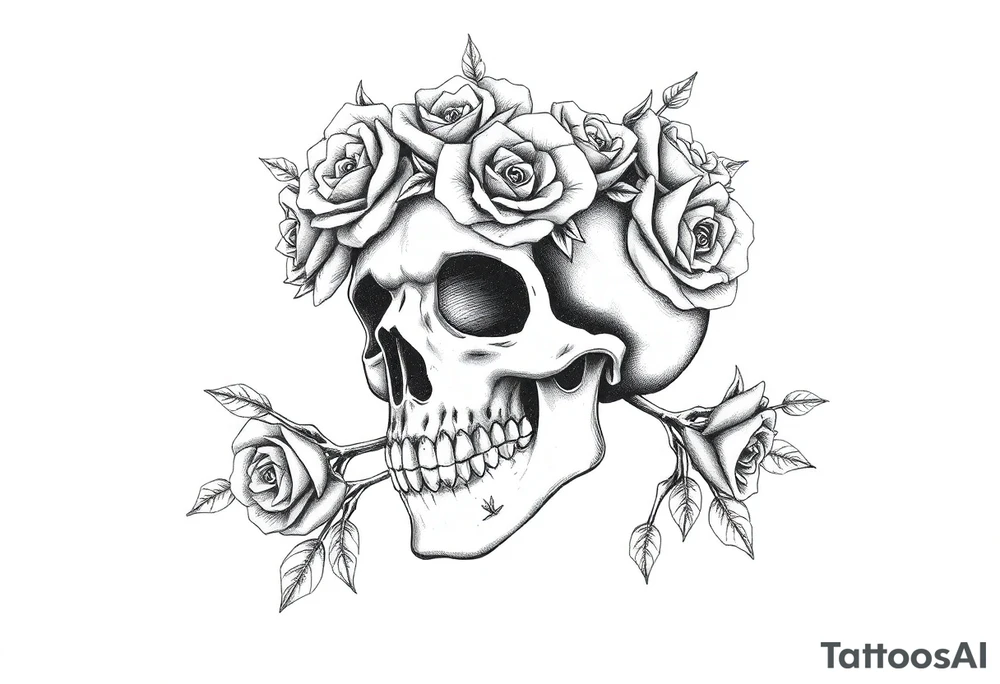 ornate skull adorned with crown of wild roses and thorns tattoo idea