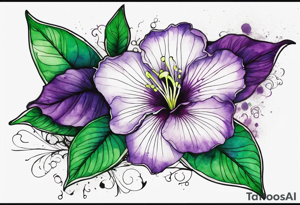 A mystical outline of a green and purple rio dipladenia flower and a green and purple watercolor splash in the background tattoo idea