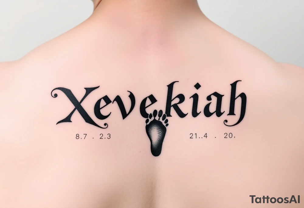 Xevekiah name tattoo, with foot print and date 8/7/23 1:24pm time 7lbs 12.5oz 20in tattoo idea