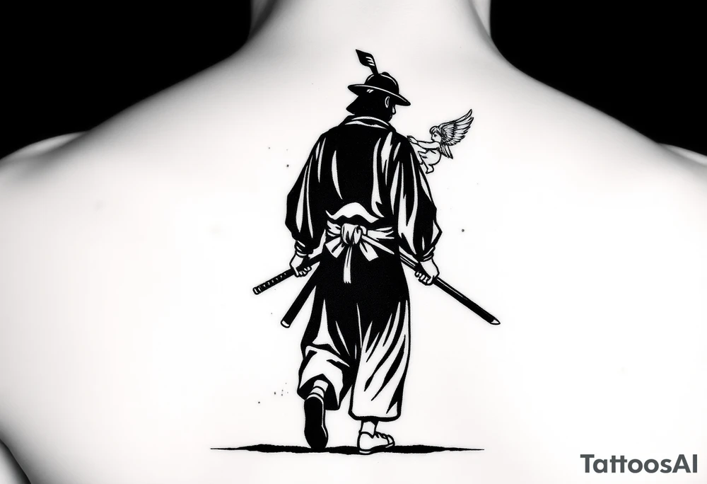 "Blackwork tattoo sketch of a lone samurai walking forward, shown in dramatic silhouette style. The samurai wears traditional kimono and hakama, holding a katana in one hand with the blade pointing downward. Behind him floats a small child angel with detailed feathered wings, gently touching the samurai’s back with one hand, as if stopping or guiding him. Strong contrast, dynamic ink splatter, rough brush strokes, Japanese sumi-e vibe, emotional and symbolic composition, high detail linework, no background." tattoo idea