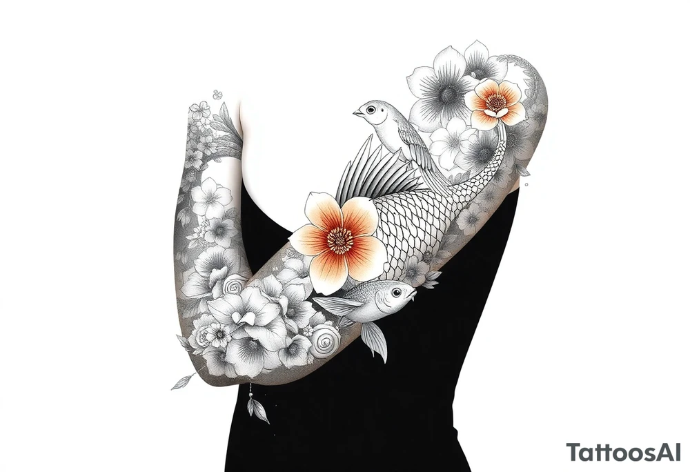 Exotic birds, Exotic flowers, Coi fish tattoo idea