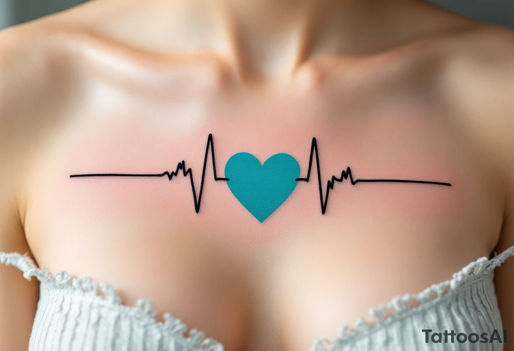 A black EKG heartbeat crossing the chest, transitioning into a vibrant teal heart at the center. tattoo idea