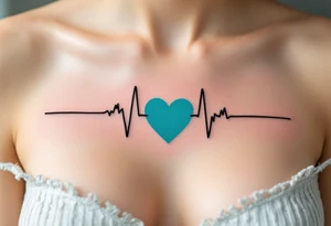 A black EKG heartbeat crossing the chest, transitioning into a vibrant teal heart at the center. tattoo idea