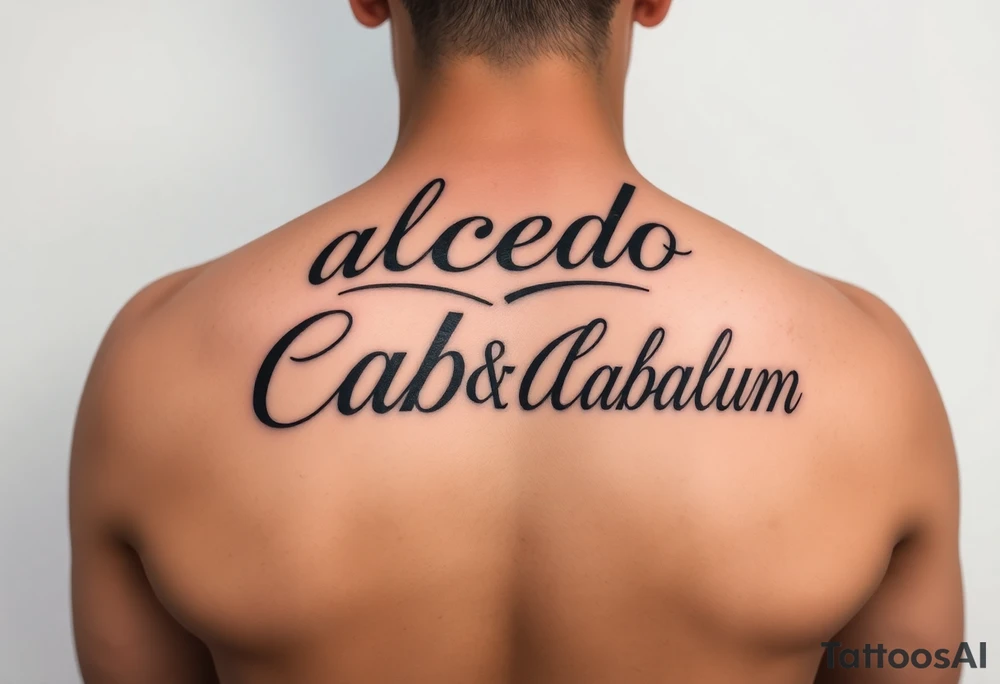 Script tattoo, LA Chicano style, style like alecki ramos the tattoo artist, I need it to say both my last names - Salcedo and Cabalum. One on top of the other. I need it to spread across the top half of my back, touching the top of shoulder blades. tattoo idea