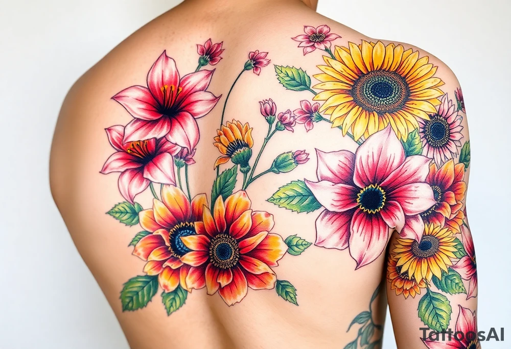 6 pink Vintage star gazer lillies some yellow some red wild roses and sunflowers and hydrangea to sleeve right arm tattoo idea