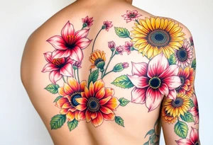 6 pink Vintage star gazer lillies some yellow some red wild roses and sunflowers and hydrangea to sleeve right arm tattoo idea