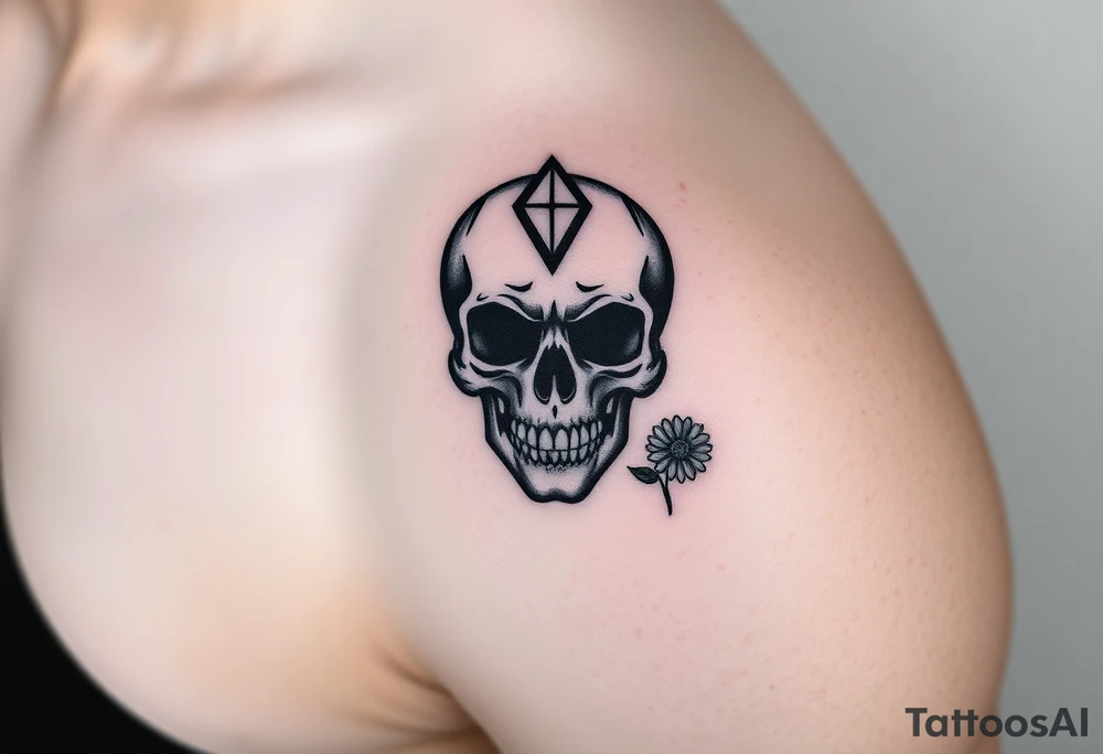 Masculine skull with a diamond and daisy tattoo idea