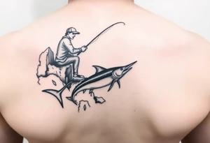 Hombre pescando 
en las rocas un pez marlin tattoo idea