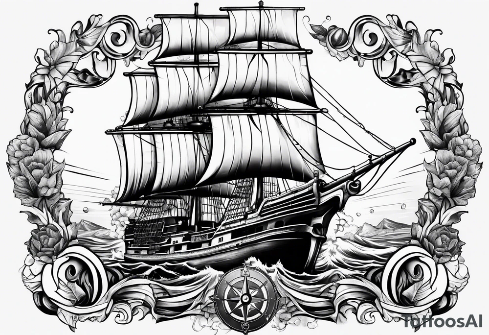 I want a lower leg sleeve with a ship, lighthouse, compass and a skull with a sailors hat on tattoo idea