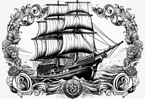 I want a lower leg sleeve with a ship, lighthouse, compass and a skull with a sailors hat on tattoo idea