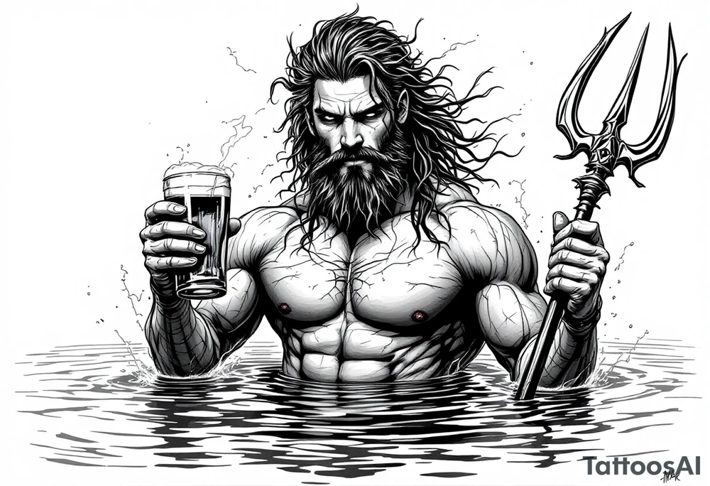 young, fit poseidon in calm water, holding a trident, holding a beer, with lightning tattoo idea