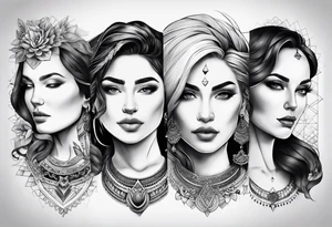 Three women's faces next to each other. The woman on the left a young woman18yo, the middle  is a mother40 yo the right is a grandmother 70yo tattoo idea
