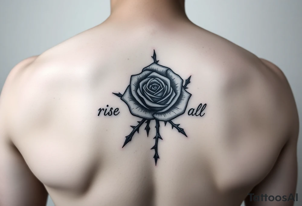 rose tattoo with thorns saying rise above all tattoo idea