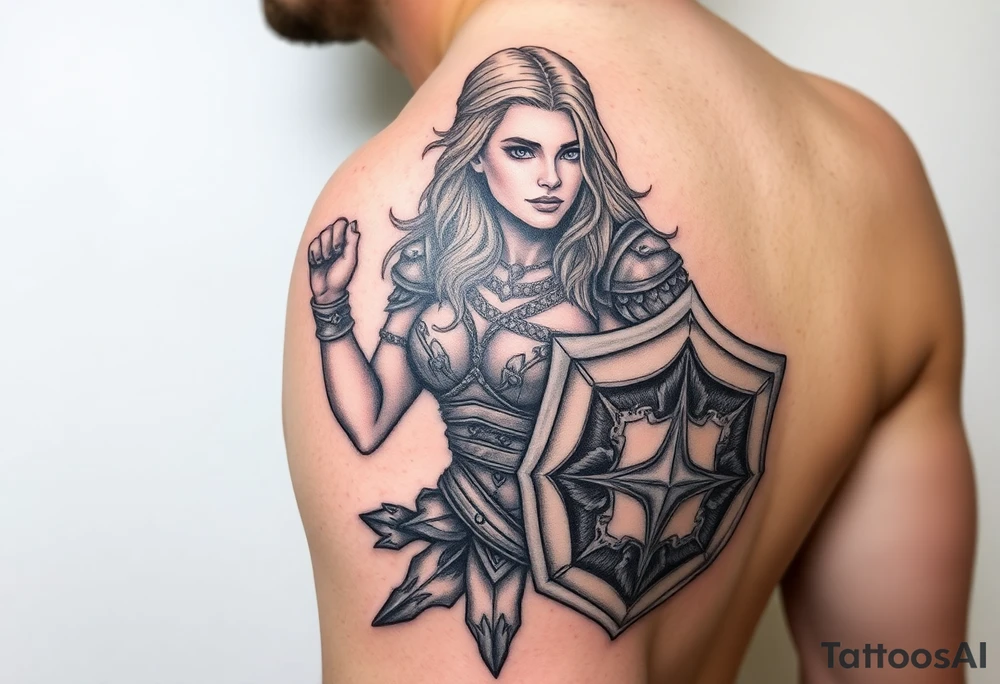 blonde valkyrie with sword and shield -- location calf -- image should show entire body of the valkyrie -- she should have large breasts and beautiful yet tough -- full color, realistic, should have breast armor, less cartoony more realistic, should -- full color-- 
 show her entire body
tattoo located on calf not on back tattoo idea