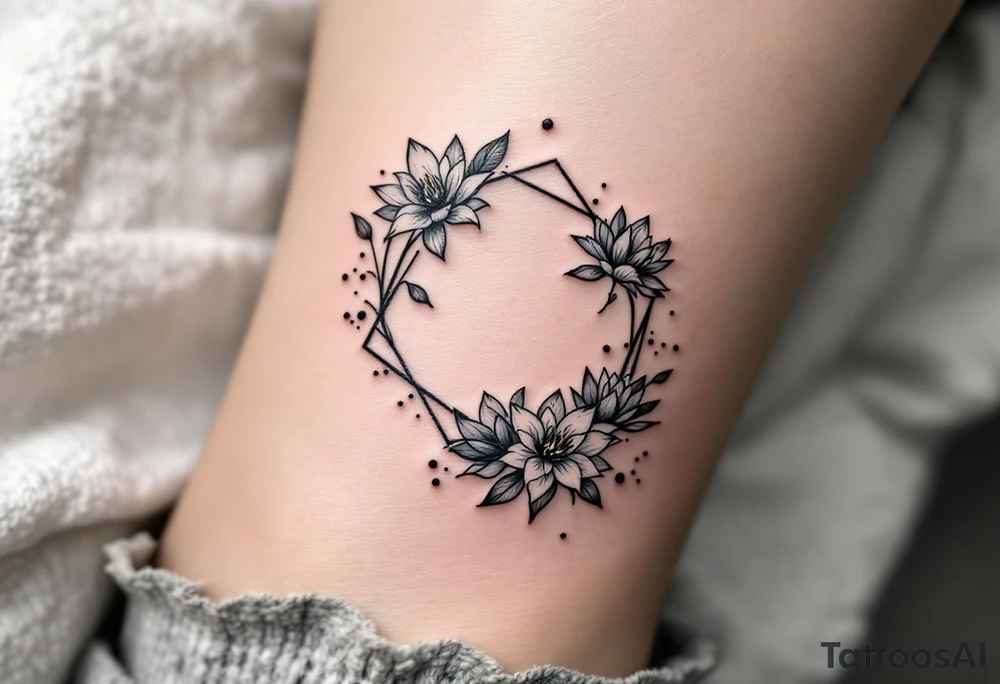 hexagon with Leo astrological symbol surrounded by larkspurs and water lilies tattoo idea