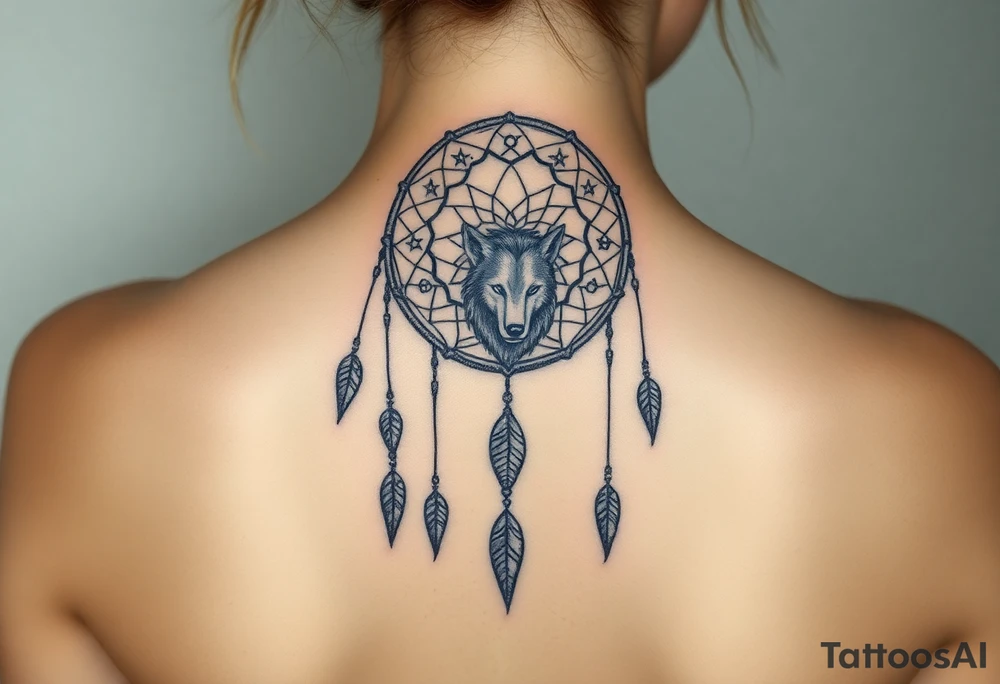 Dreamcatcher with zodiac symbols and protection runes caught in it with wolf teal tattoo idea