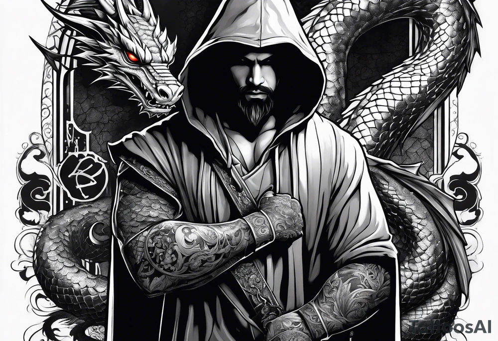 Hooded figure holding a D20 surrounded by a dragon tattoo idea