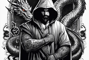 Hooded figure holding a D20 surrounded by a dragon tattoo idea