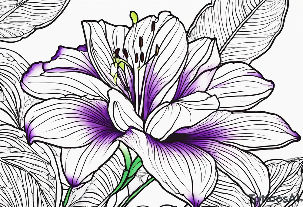 An outline of a rio dipladenia flower with a green and purple background tattoo idea