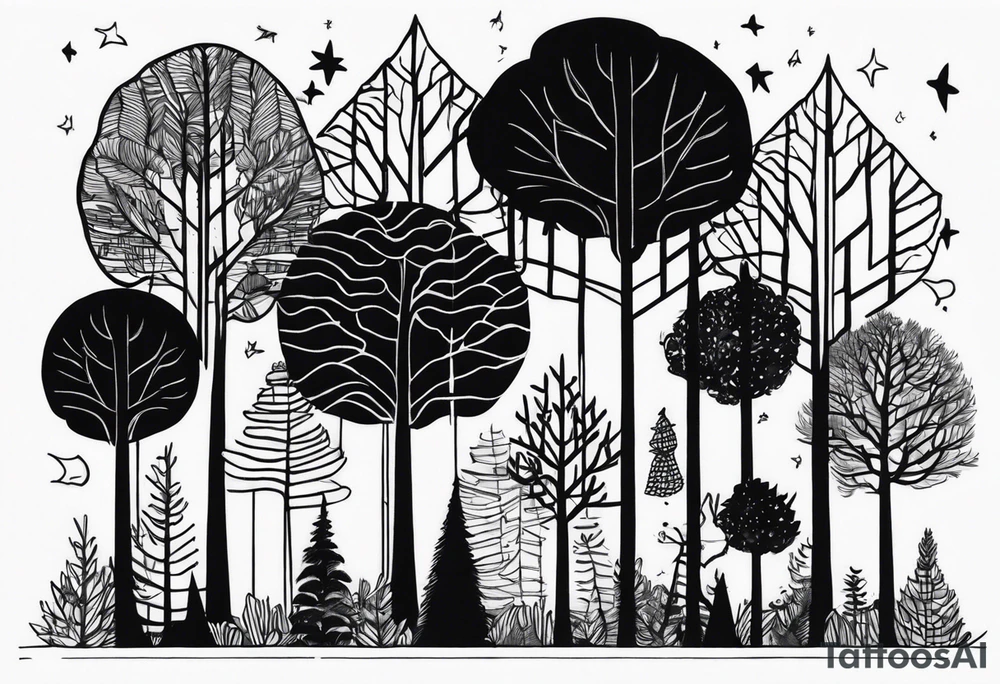 Draw me a Magical forest with s lot of trees in 2D and every tree is black and you see every treetop tattoo idea