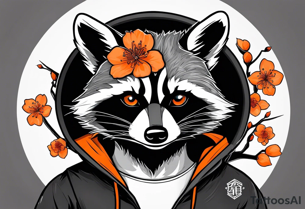 Raccoon wearing a white Superman logo on a black hoodie and orange Japanese cherry blossoms beside tattoo idea