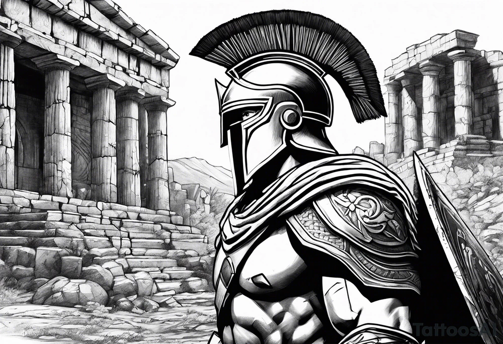 Spartan Soilder looking ancient ruins tattoo idea
