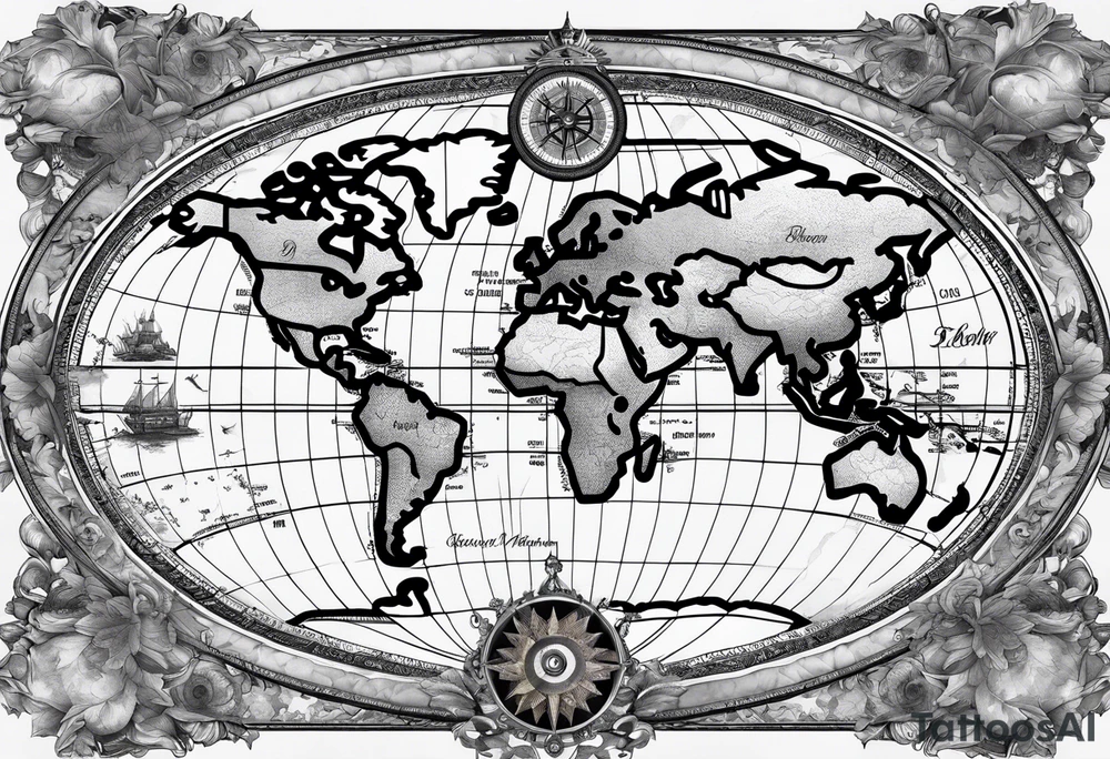 Map world with compass tattoo idea